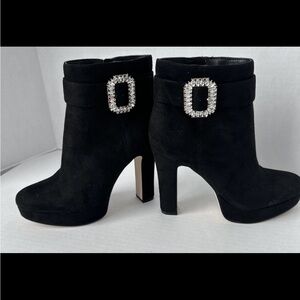 Elegant Black Ankle Boots with Rhinestone Buckle